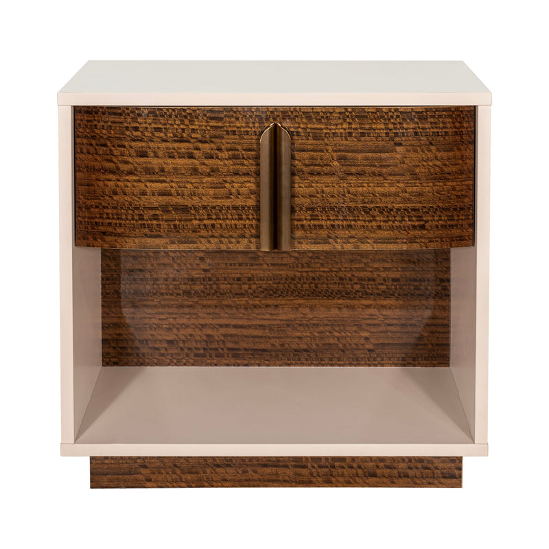 Michael Amini Pavira accent nightstand with wood finish, featuring a sleek design and drawer handles for bedroom decor.