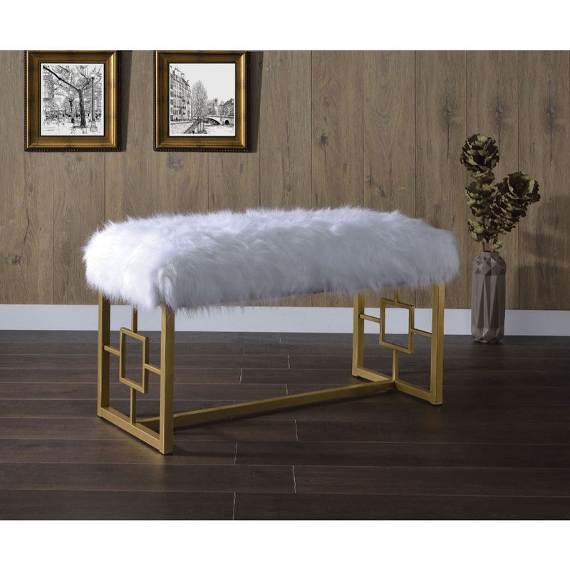 Bagley II - 21" Bench - White Faux Fur & Gold - R&R Furniture Gallery (Fountain Valley, CA)