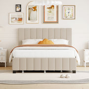 DreamHaus platform upholstered storage bed with two drawers and twin long trundle, showcasing its stylish design and functional storage.