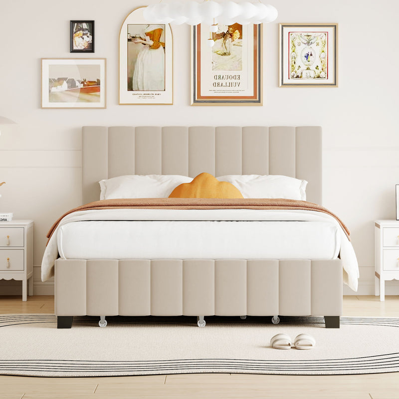 DreamHaus platform upholstered storage bed with two drawers and twin long trundle, showcasing its stylish design and functional storage.