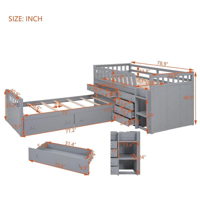 DreamHaus loft platform bed with 7 drawers, full guardrails, and modern L-shaped design for space-saving bedroom storage.