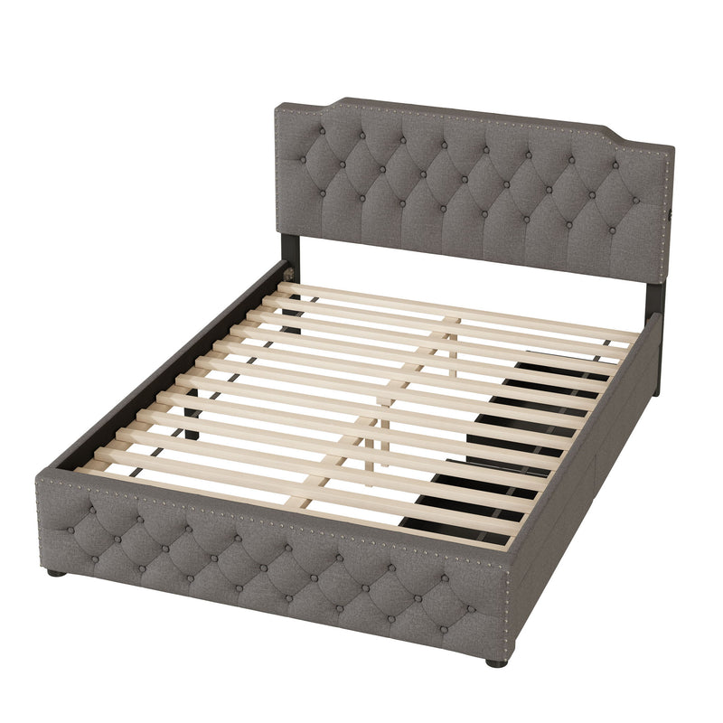 Upholstered Platform Bed With 2 Drawers And 2 Sets Of USB Ports On Each Side, Fabric - R&R Furniture Gallery (Fountain Valley, CA)