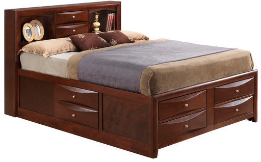 Modern design storage bed with a built-in bookcase headboard by Glory Furniture, featuring sleek wood finish and functional storage drawers.