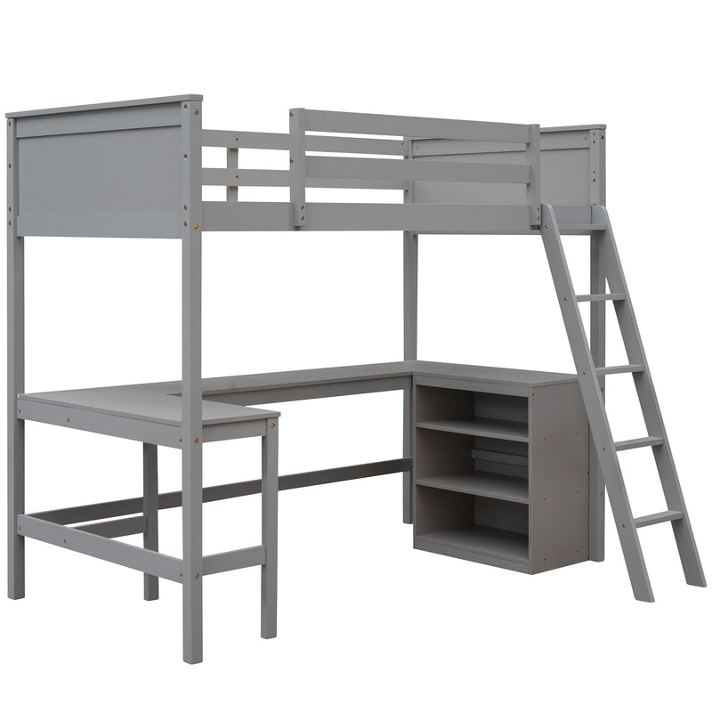 DreamHaus loft bed with integrated shelves and desk, featuring a sturdy frame and space-saving design for a modern bedroom.