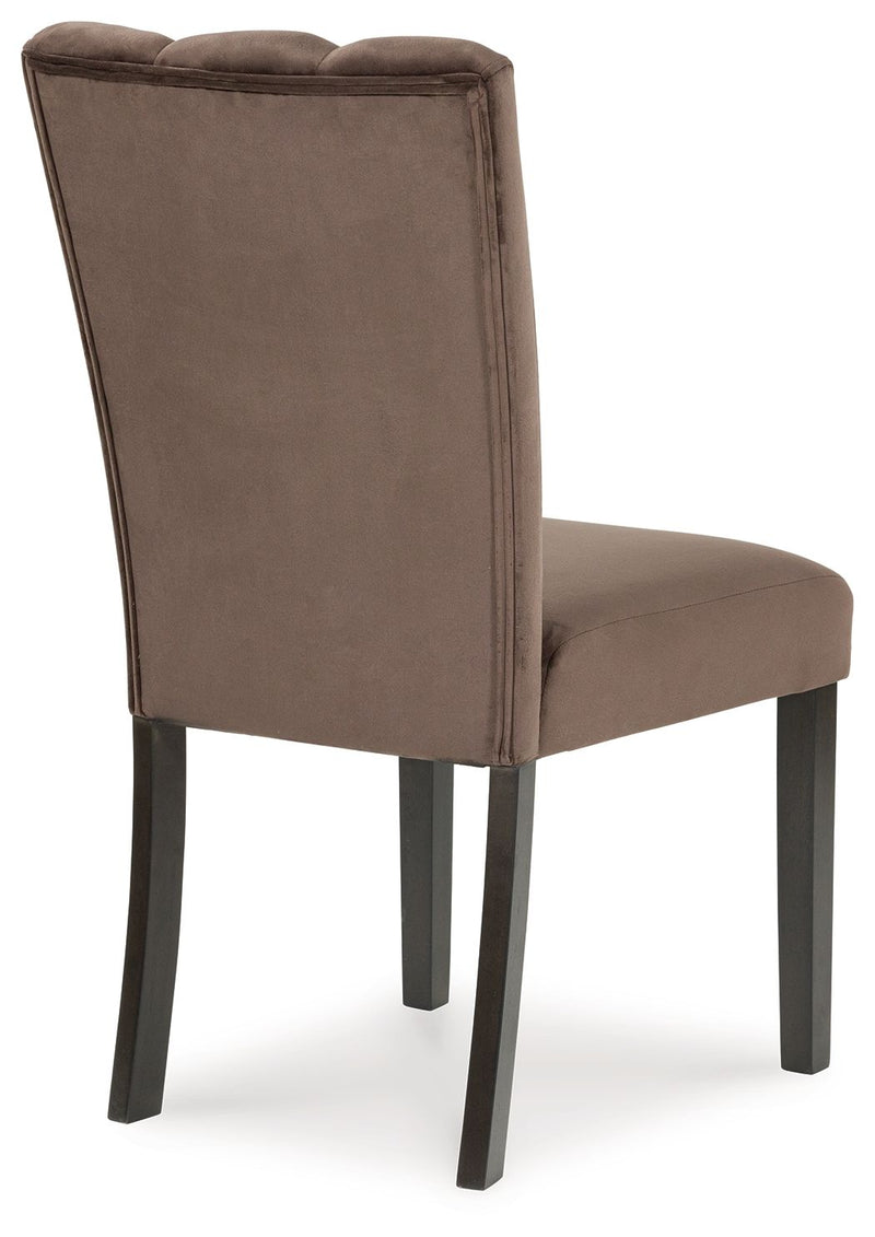 Set of two Jeshina dining upholstered side chairs in mocha fabric by Signature Design, featuring cushioned seats and modern style.