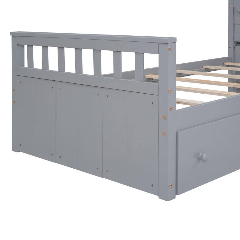 DreamHaus loft platform bed with seven drawers, full guardrails, and modern L-shaped design for space-saving bedroom storage.