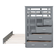 DreamHaus bunk bed with staircase and trundle, featuring sturdy wooden construction and space-saving design in a modern bedroom setting.