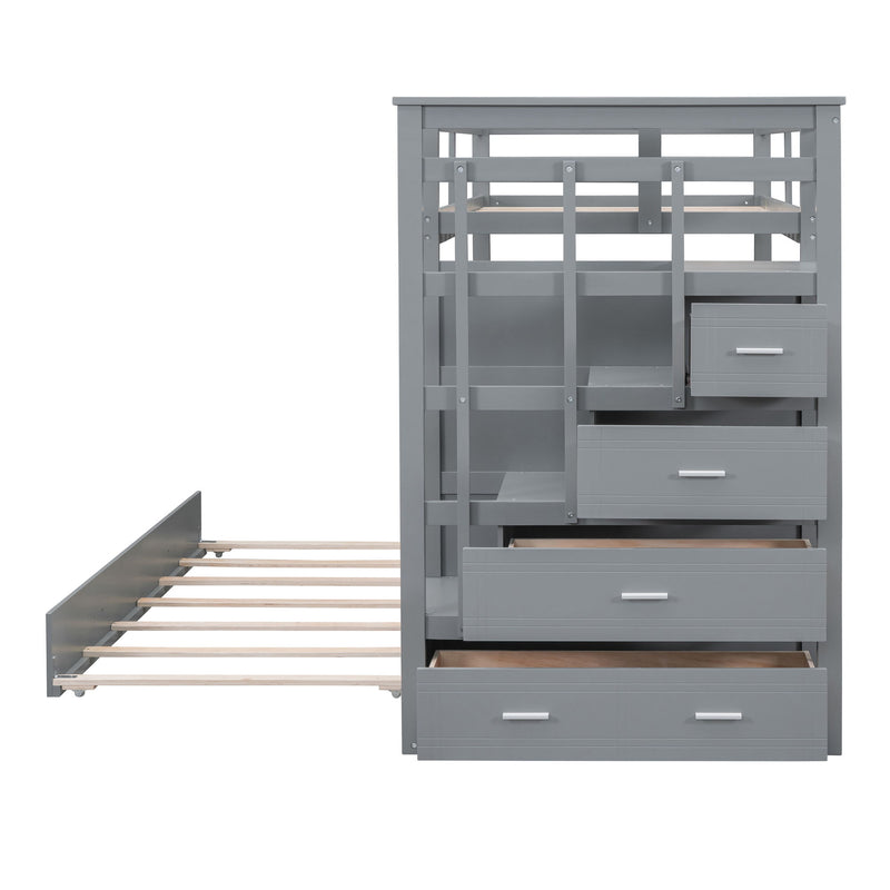 DreamHaus bunk bed with staircase and trundle, featuring sturdy wooden construction and space-saving design in a modern bedroom setting.