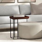 Simpli-Home Gallagher handcrafted C side table with a sleek wooden surface and modern design, perfect as a chair side table.