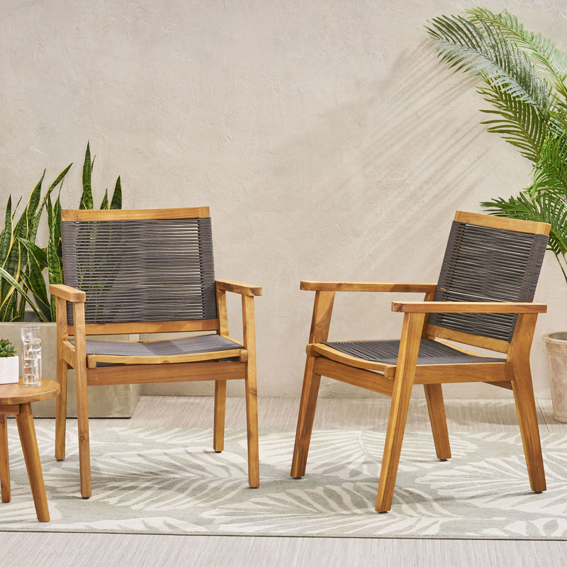 Set of two Noble House outdoor rope dining chairs with woven seats and metal frames, perfect for patio or garden seating.