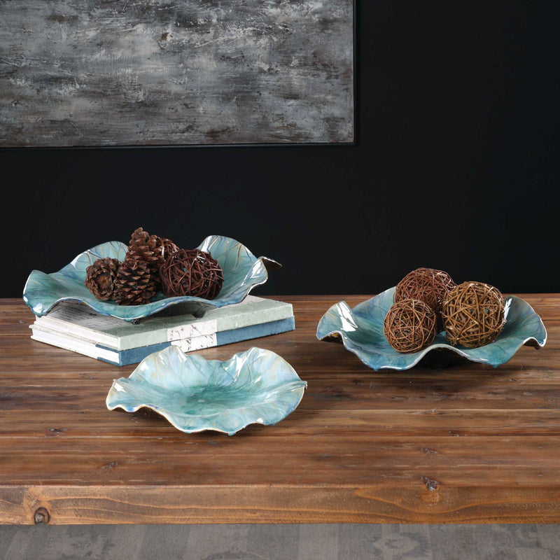 Uttermost Abella ceramic wall decor set of 3 blue flowers, decorative ceramic floral wall art for home interior.