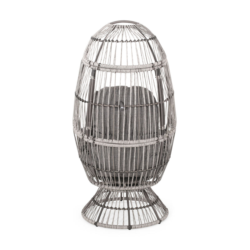 Noble House patio swivel basket egg chair with cushion, outdoor accent chair with woven wicker design and plush seat cushion.