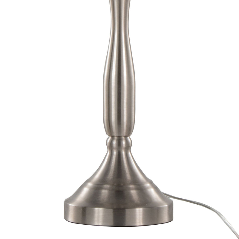Lumi Source Sawyer contemporary table lamp set featuring nickel finish, white shades, and built-in USB ports for convenient charging.