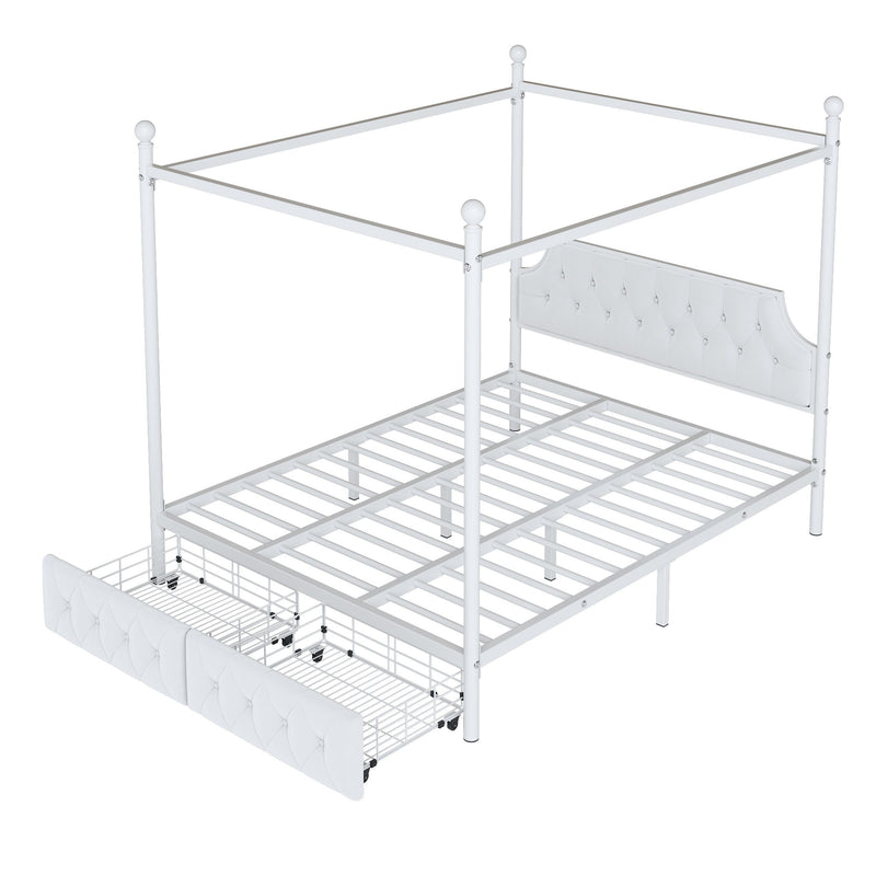 Queen Size Canopy Platform Bed With Upholstered Headboard And 2 Storage Drawers - White - R&R Furniture Gallery (Fountain Valley, CA)