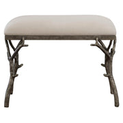 Uttermost Lismore small beige fabric accent bench with wooden legs, ideal for entryways or living rooms.