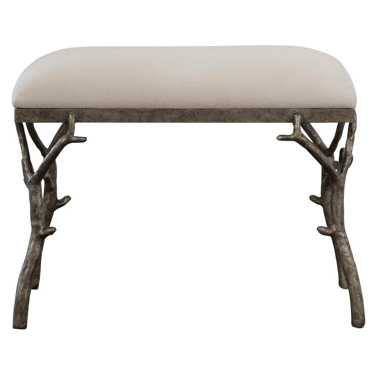 Uttermost Lismore small beige fabric accent bench with wooden legs, ideal for entryways or living rooms.