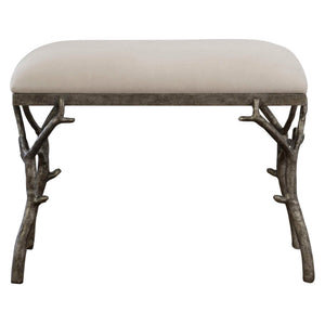 Uttermost Lismore small beige fabric accent bench with wooden legs, ideal for entryways or living rooms.