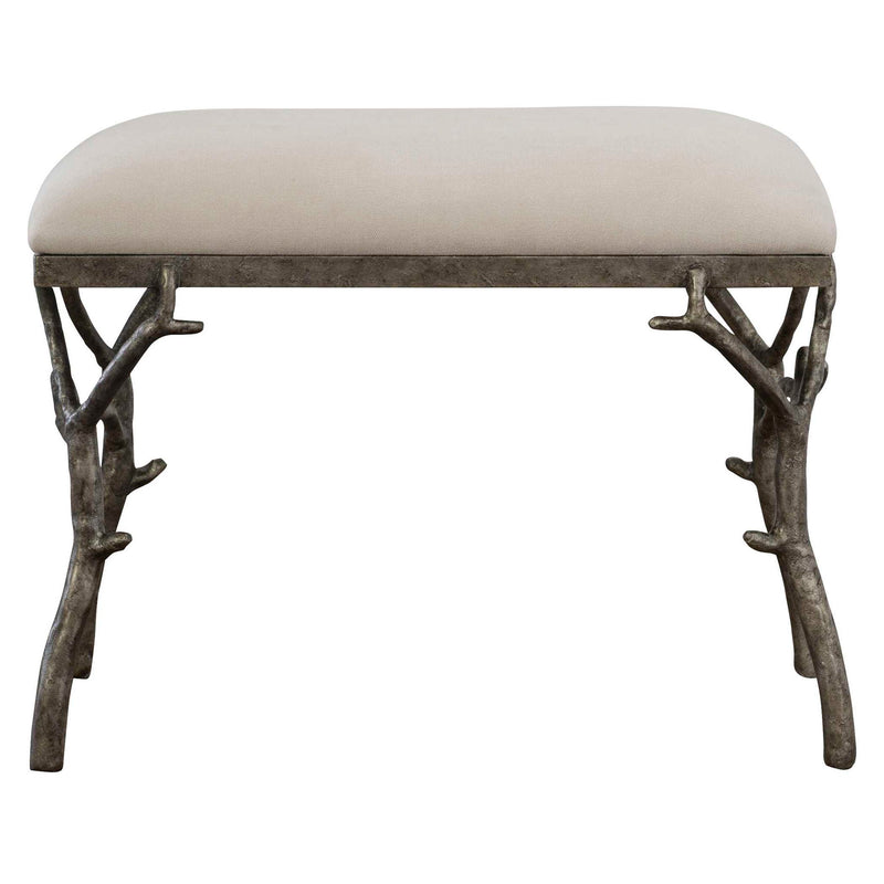 Uttermost Lismore small beige fabric accent bench with wooden legs, ideal for entryways or living rooms.