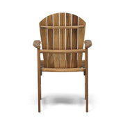 Set of two Noble House outdoor weather-resistant acacia wood Adirondack dining chairs with wide armrests and slatted backs.