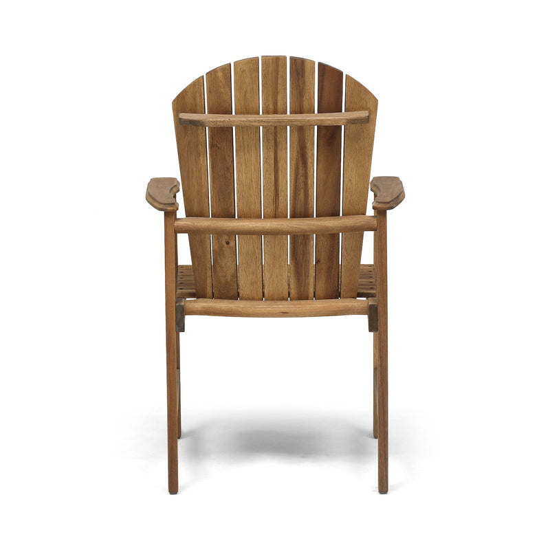 Set of two Noble House outdoor weather-resistant acacia wood Adirondack dining chairs with wide armrests and slatted backs.