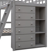 DreamHaus bunk bed with six drawers, flexible shelves, and a bottom bed on wheels, made of sturdy wood in a modern design.