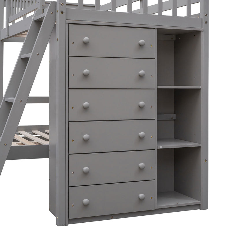 DreamHaus bunk bed with six drawers, flexible shelves, and a bottom bed on wheels, made of sturdy wood in a modern design.