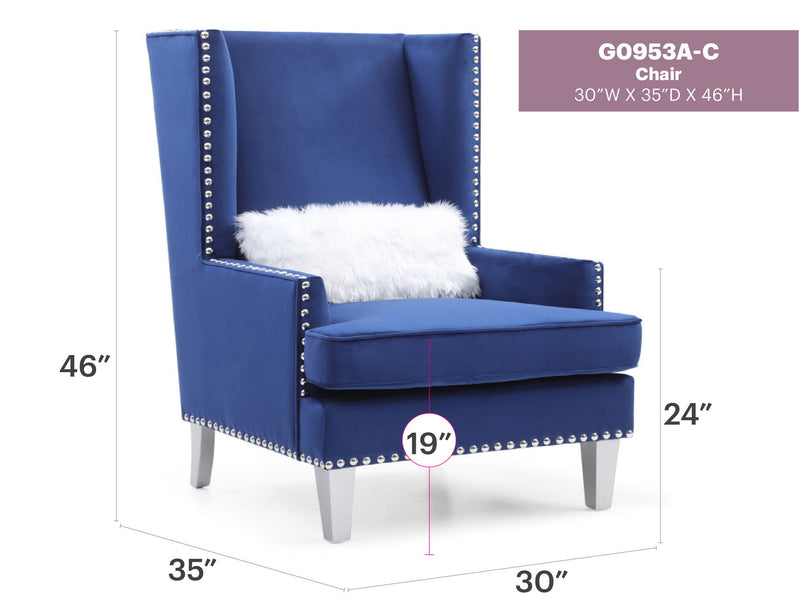 Elegant traditional accent arm chair by Glory Furniture with plush upholstery and wooden legs, perfect for living room decor.