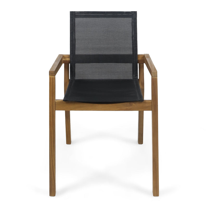 Pair of Noble House Belfast dining chairs with acacia wood frames and cushioned seats, set of two.