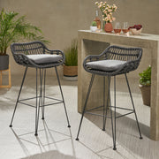 Noble House outdoor rattan bar chair with metal legs, showcasing a stylish stool set for patio or garden seating.