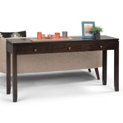 Simpli-Home Cosmopolitan wide console sofa table in mahogany brown with sleek design and spacious surface for living room decor.