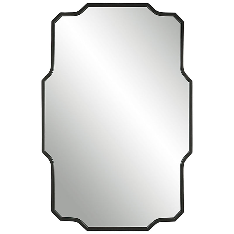 Black iron wall mirror by Uttermost, featuring a sleek round frame and reflective glass for modern home decor.