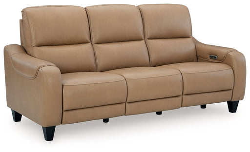 Ashley Mosswell power reclining sofa with adjustable headrest in toffee color, showcasing plush fabric and reclining mechanism.