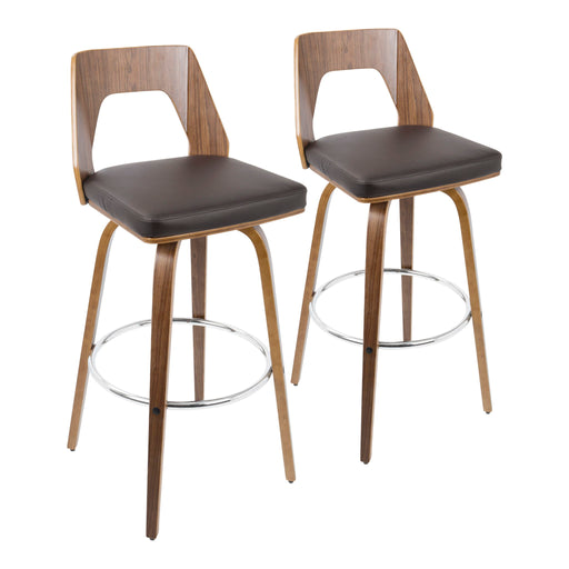 Pair of Lumi Source Trilogy Mid Century Modern Barstools with wooden seats and black metal legs, set of two.