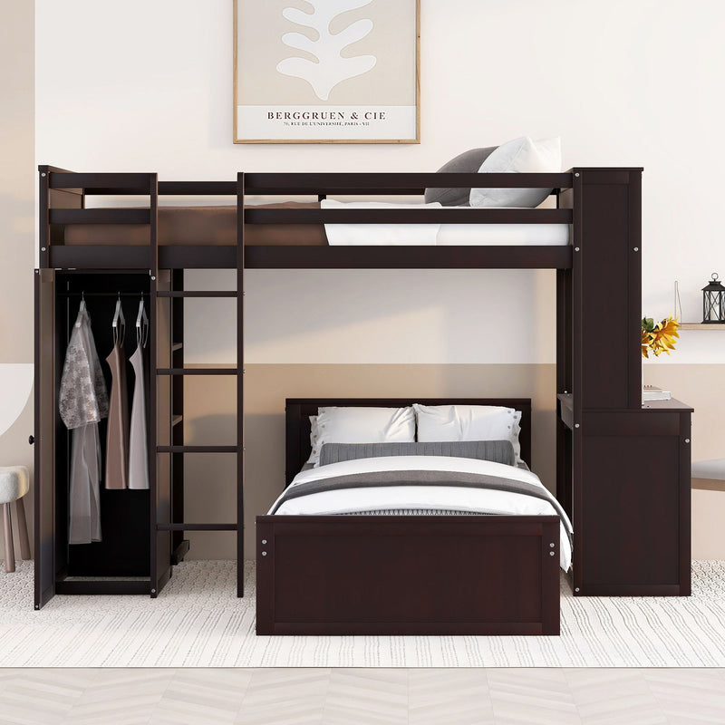 DreamHaus loft bed with stand-alone bed, shelves, desk, and wardrobe, showcasing a compact multi-functional bedroom furniture setup.