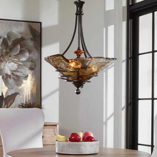 Uttermost Vitalia 3-light pendant in oil rubbed bronze with sleek, modern design and three hanging light fixtures.