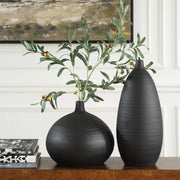 Set of two black ceramic vases from Uttermost Bower collection, stylish vases with sleek modern design for home decor.