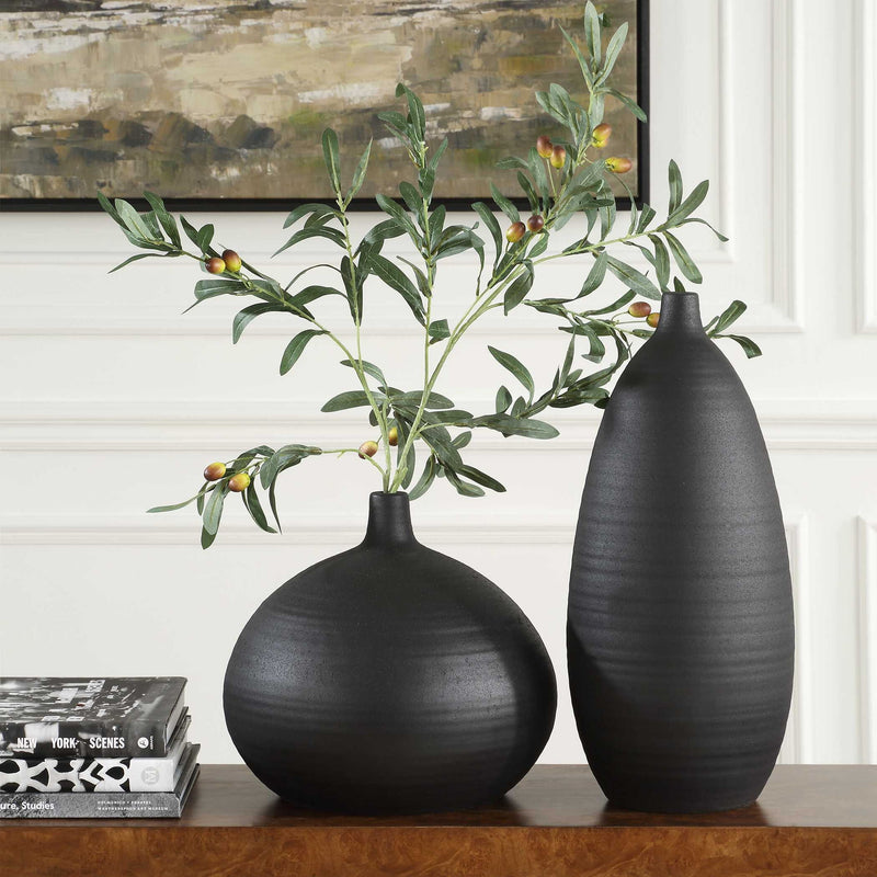 Set of two black ceramic vases from Uttermost Bower collection, stylish vases with sleek modern design for home decor.