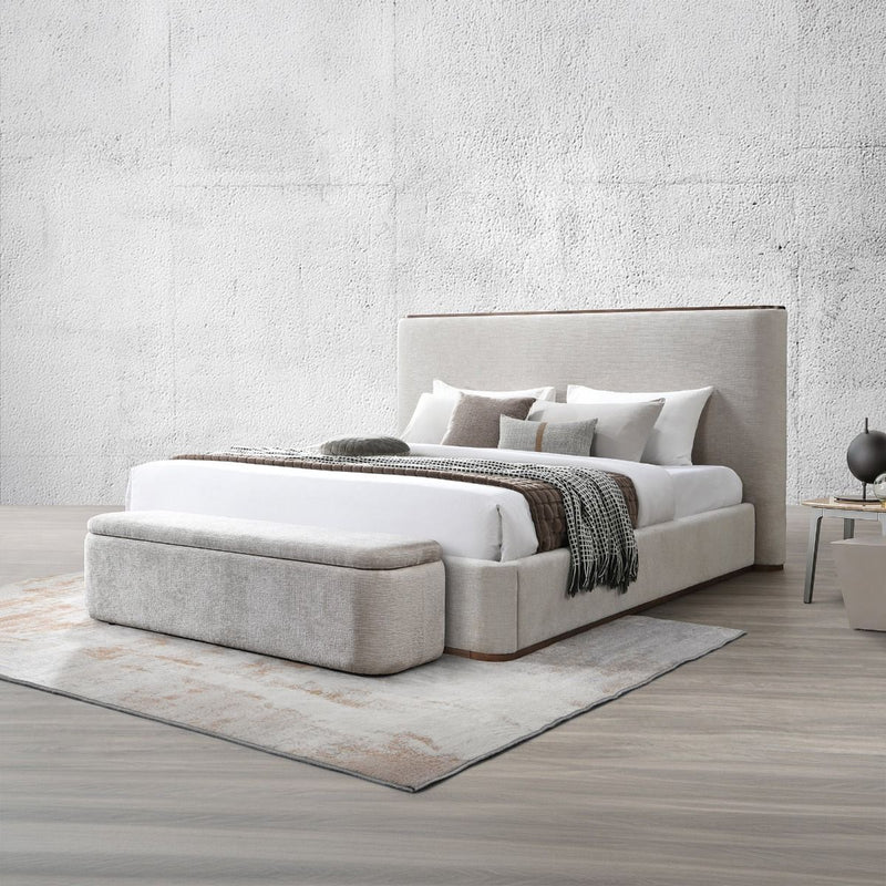 Gray ACME Orane storage bench with cushioned top and wooden legs, featuring built-in storage compartment.