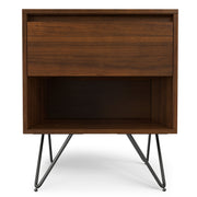 Simpli-Home Hunter accent nightstand with a wooden finish, featuring a single drawer and a lower shelf for storage.