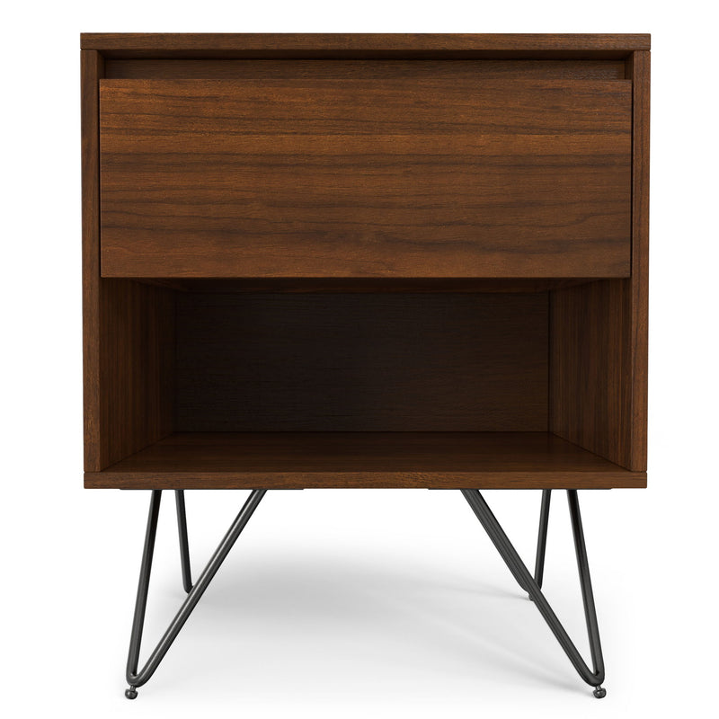 Simpli-Home Hunter accent nightstand with a wooden finish, featuring a single drawer and a lower shelf for storage.