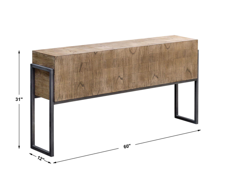 Contemporary Nevis console table by Uttermost with a light brown finish, featuring a sleek rectangular tabletop and modern design.