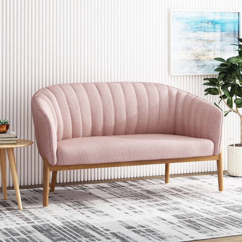 Noble House mid-century modern loveseat with channel-stitched backrest and sleek design, perfect for stylish living rooms.