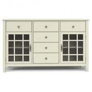 Simpli-Home Connaught vintage sideboard with glass-front cabinets and six drawers for stylish dining room storage.