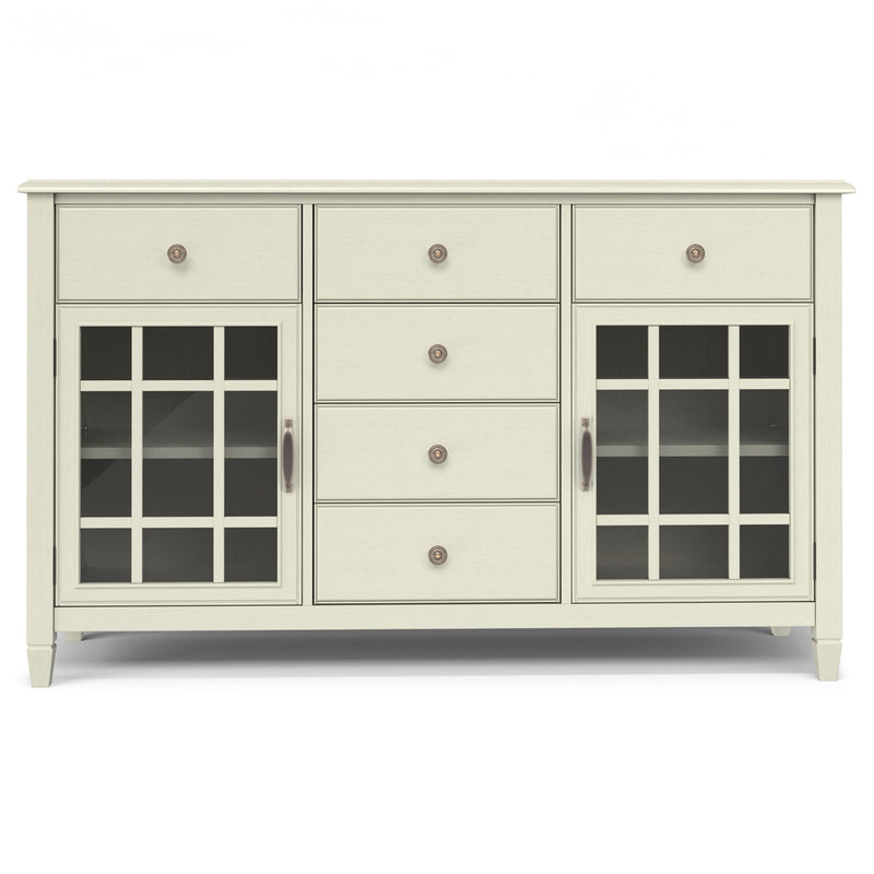 Simpli-Home Connaught vintage sideboard with glass-front cabinets and six drawers for stylish dining room storage.