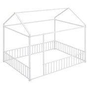 Halcyon Home metal canopy bed frame with fence, sturdy metal construction, and a cozy house-style design with fencing for safety.