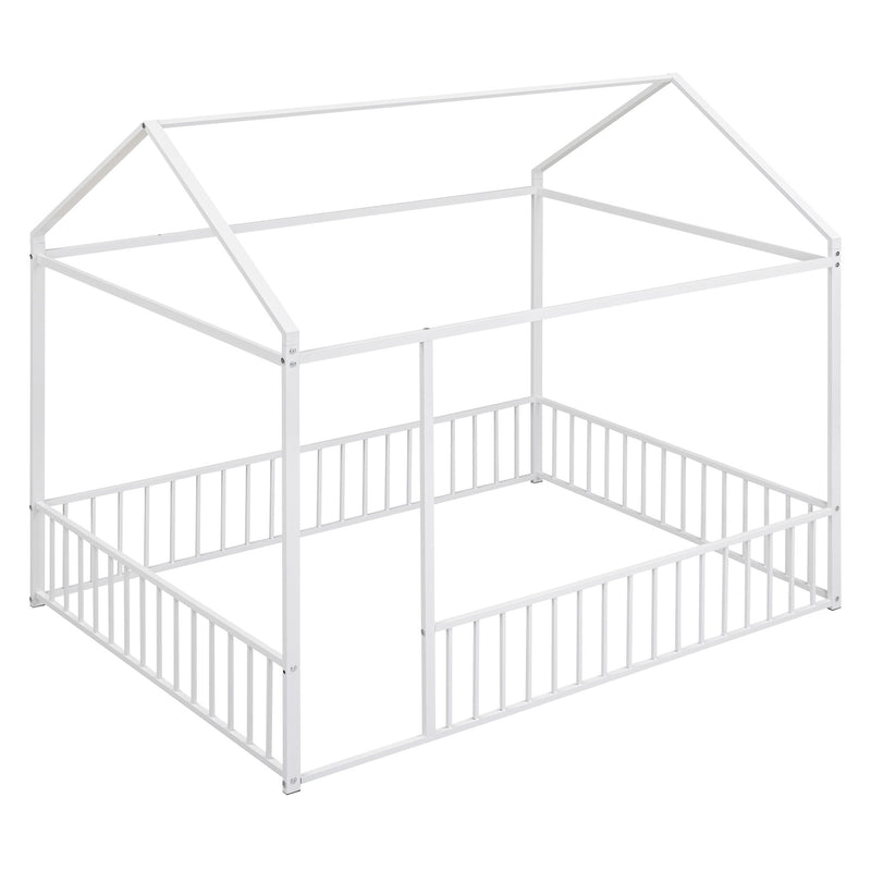 Halcyon Home metal canopy bed frame with fence, sturdy metal construction, and a cozy house-style design with fencing for safety.