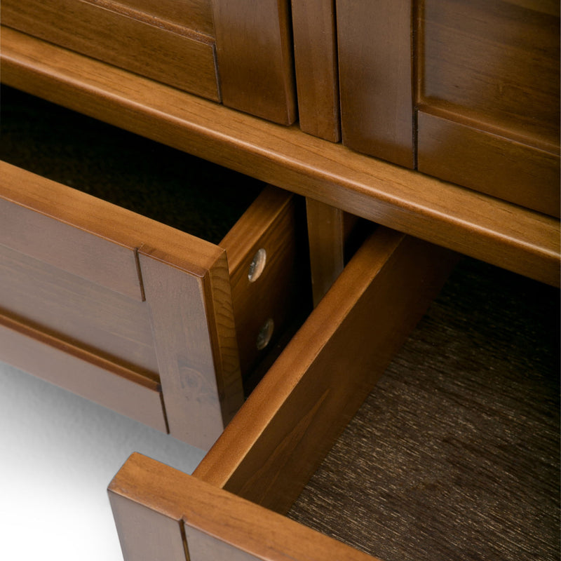 Handcrafted Warm Shaker coffee table by Simpli-Home featuring a smooth wooden surface and sturdy legs.