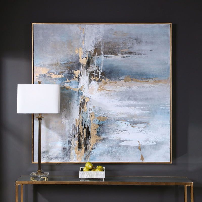 Blue abstract canvas art titled "Road Less Traveled" by Uttermost, featuring vibrant brushstrokes and modern design.