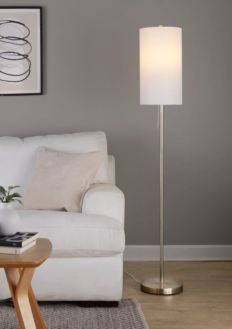 Lumi Source Bounty contemporary stylish floor lamp with sleek design and modern aesthetic, standing tall with a curved metal frame and fabric shade.
