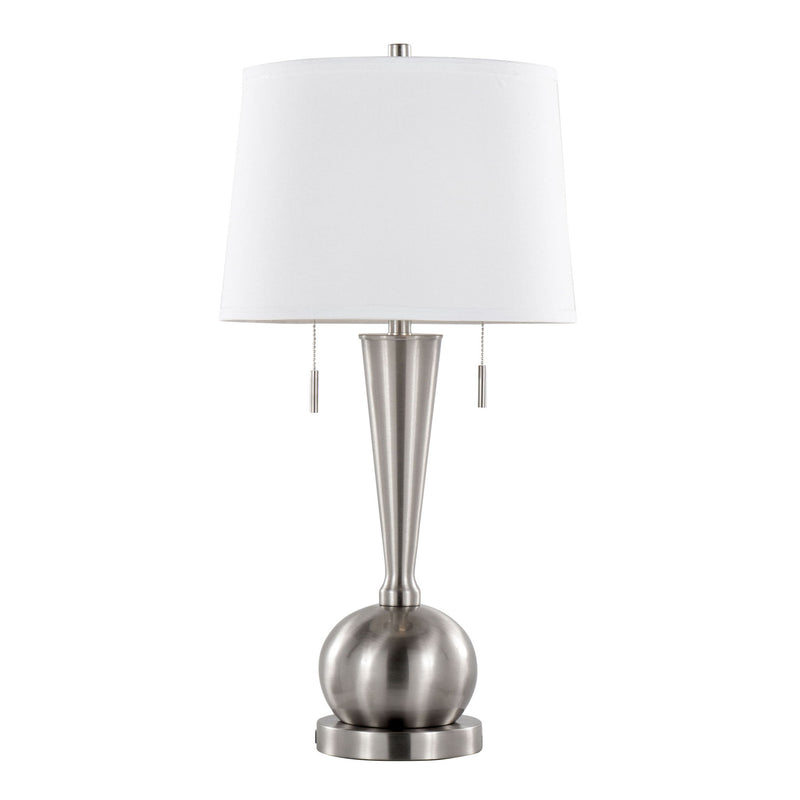Set of two Lumi Source Jules contemporary table lamps with nickel finish, white shades, and built-in USB ports.